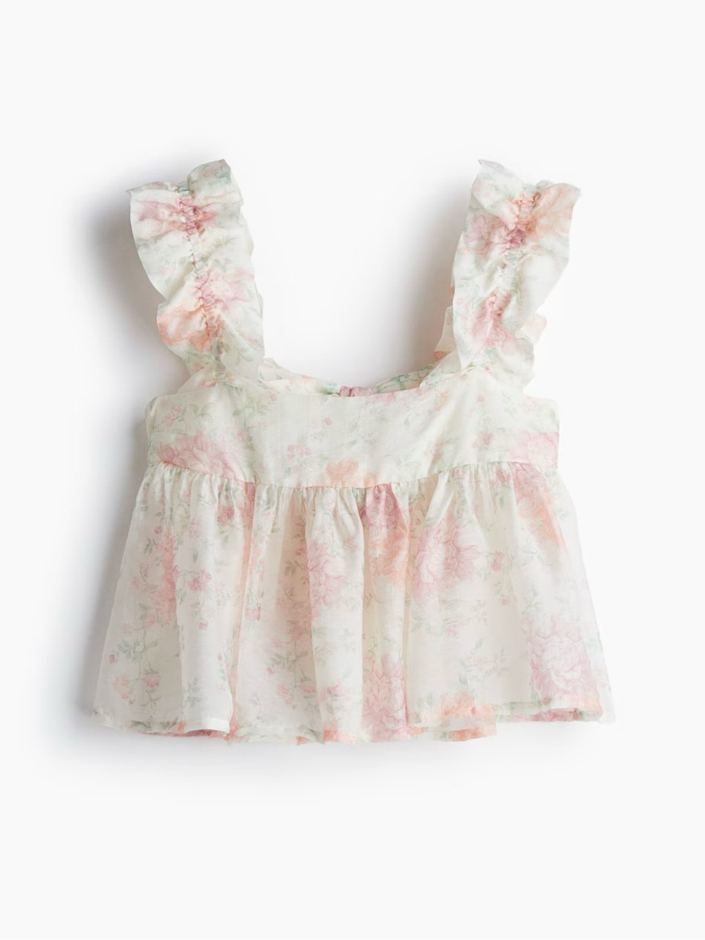 Sleeveless Floral Ruffle Peplum Top - White & Pink